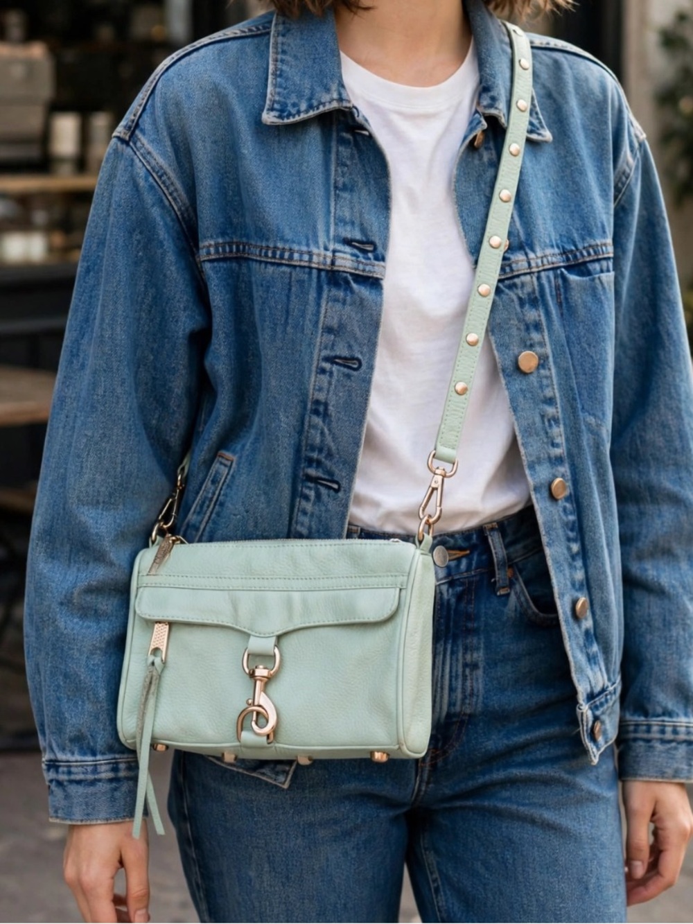 Rebecca Minkoff Mint Green Leather Crossbody with Rose Gold Hardware